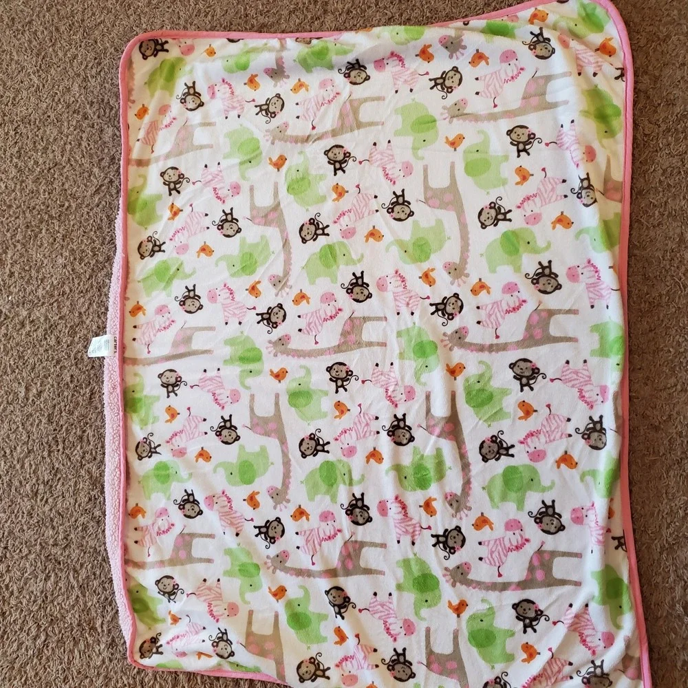 Carters Pink Safari Jungle Jill‎ Baby Blanket Zebra Monkey Giraffe Sherpa Vtg